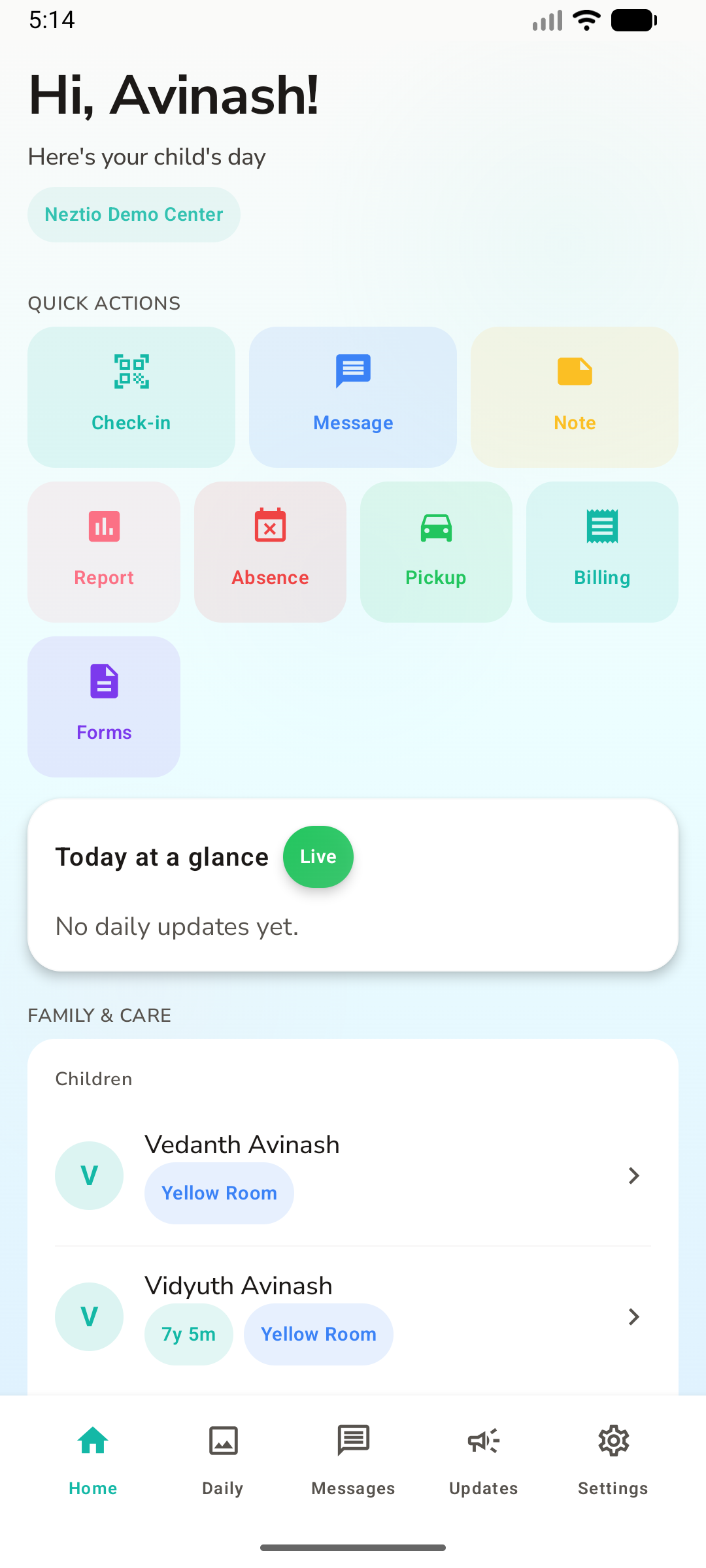 Neztio parent app home screen showing child attendance status, AI daily report card, and quick action buttons for check-in and messaging - Android