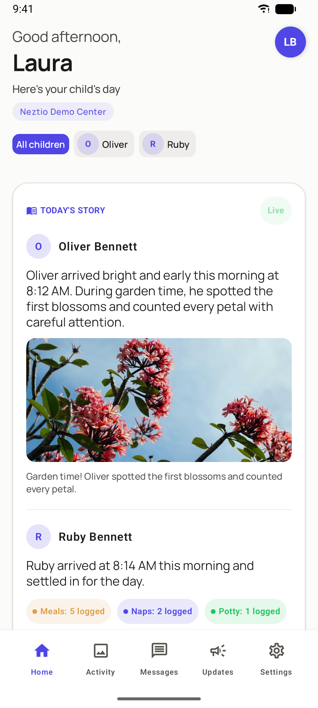Neztio parent app home screen showing child attendance status, AI daily report card, and quick action buttons for check-in and messaging - Android