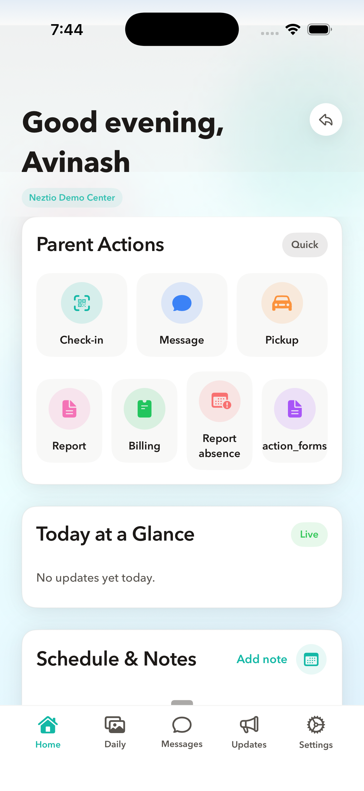 Neztio parent app home screen showing child attendance status, AI daily report card, and quick action buttons for check-in and messaging - iOS