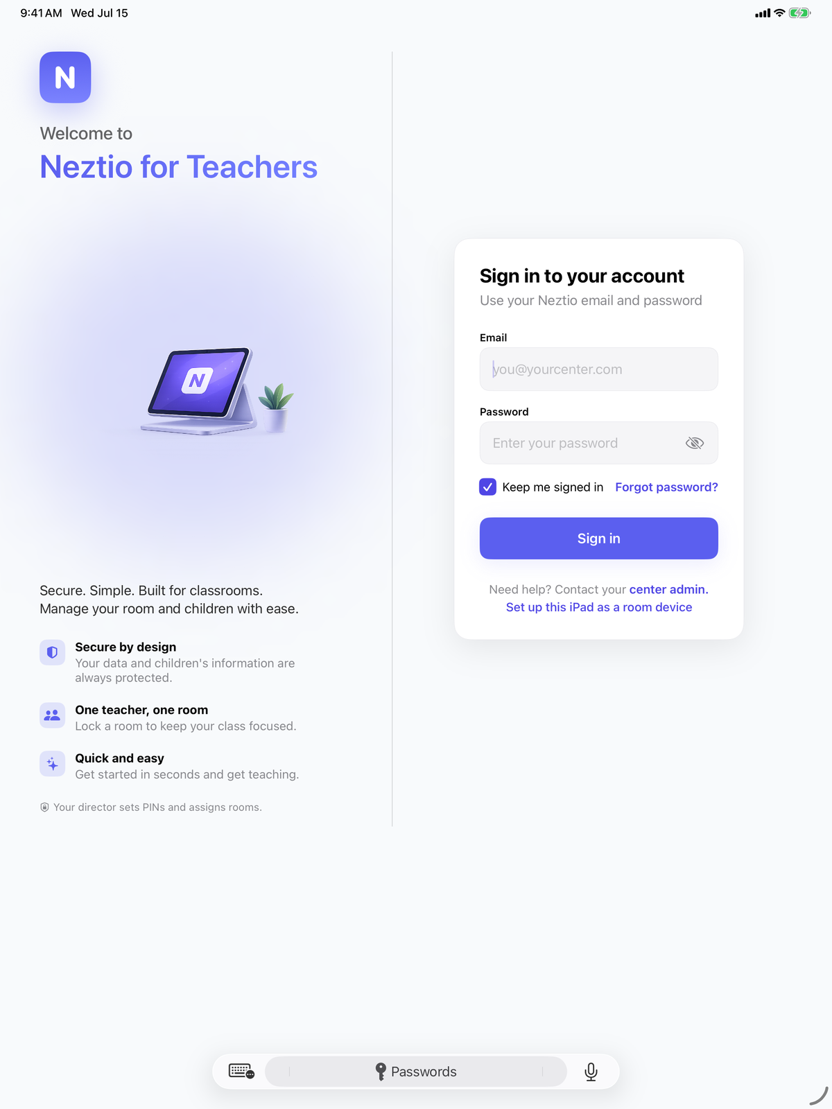 Neztio for Teachers split sign-in screen on iPad with a welcome and feature panel on the left and a Sign in to your account card on the right, including a link to set up the iPad as a room device